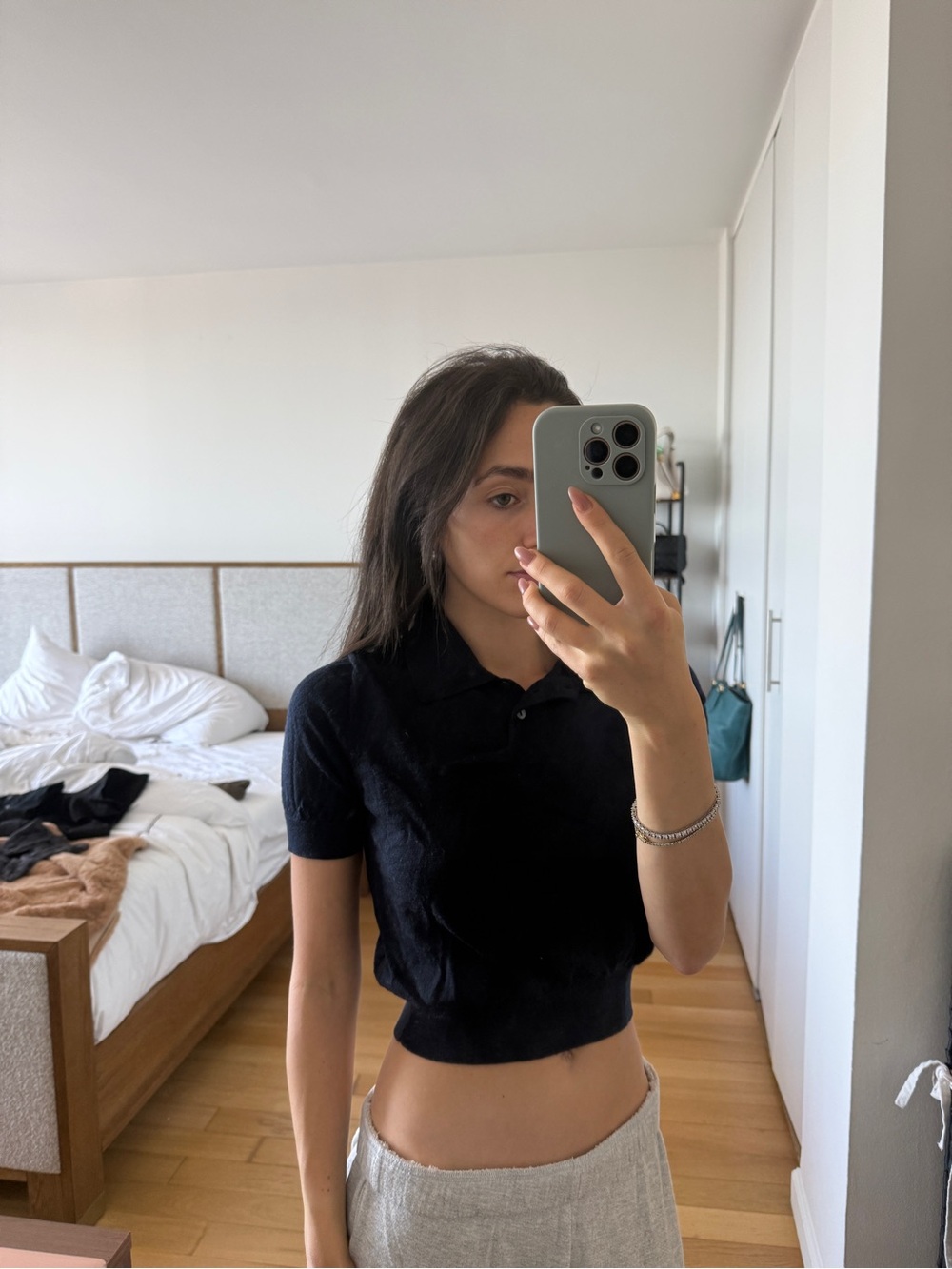 Mango Navy Short-Sleeve Cropped Polo Top